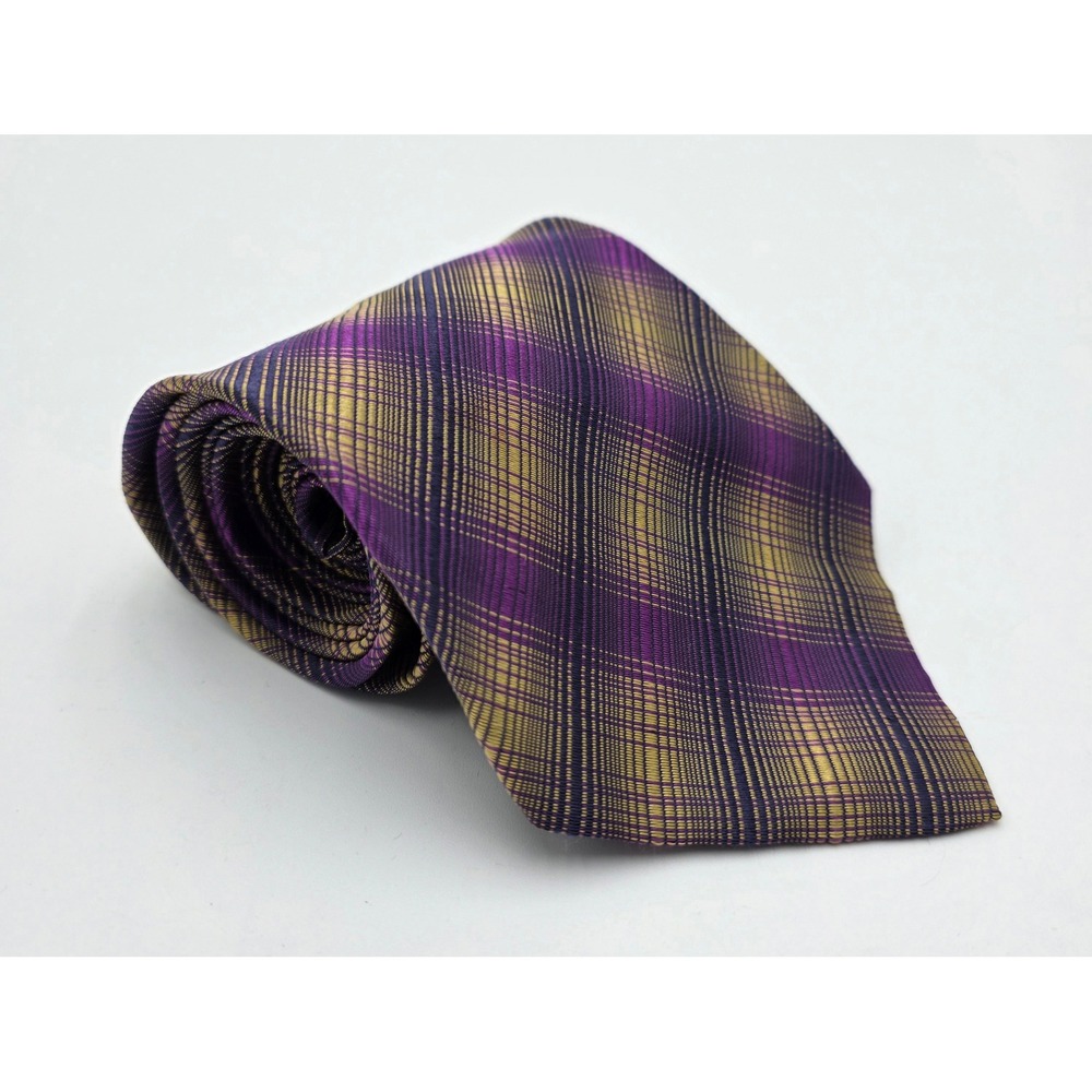 JHANE BARNES Silk Plaid Tie Purple Gold Hand Made In Italy Mens Accessory